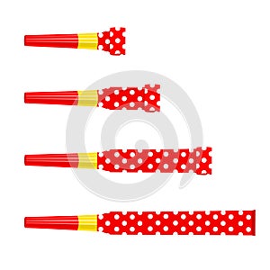 Party blowers, horns, noisemakers, whistles isolated on white background. Top view. Celebration, fun time, party favors, kids