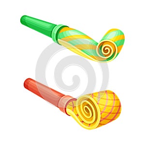 Party blowers set. Happy birthday, holiday celebration symbols cartoon vector illustration