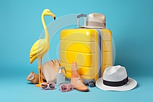 party blue travel flamingo yellow concept background vacation suitcase summer sunglasses. Generative AI.