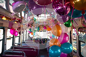 party bus interior with balloons, streamers, and revelers photo