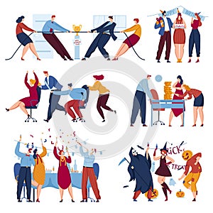 Party at business office set, vector illustration, happy flat people character at corporate celebration, isolated on