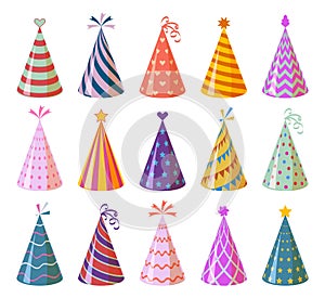 Party caps. Colorful cartoon birthday and carnival paper hats, anniversary and christmas holiday decoration elements