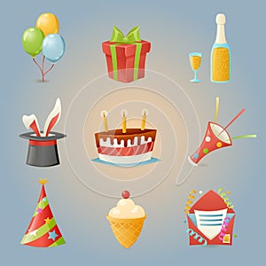 Party Celebrate Birthday Icons and Symbols Set 3d Realistic Cartoon Design Vector Illustration