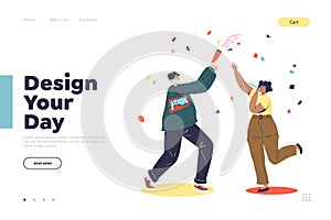 Party and celebration concept of landing page with excited couple of young people celebrating with confetti