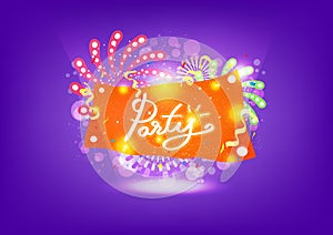 Party, celebration fireworks explosion, creative banner poster design, Ribbons, balloons and confetii, dust sparkle blinking