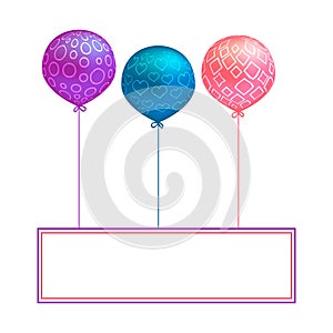 Party celebration label with colorful balloons with hearts and geometric patterns. Purple, blue, pink color