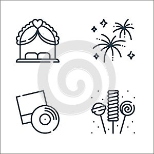 party and celebration line icons. linear set. quality vector line set such as lollipop, music, fireworks