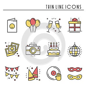 Party celebration thin line icons set. Birthday, holidays, event, carnival festive. Basic party elements icons