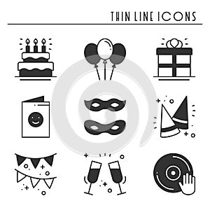 Party celebration thin line icons set. Birthday, holidays, event, carnival festive. Basic party elements icons