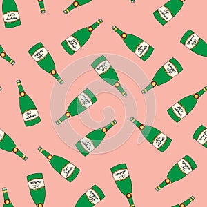 Party Champagne bottles celebration seamless vector background. Repeating multidirectional pattern. Hand drawn sparkling
