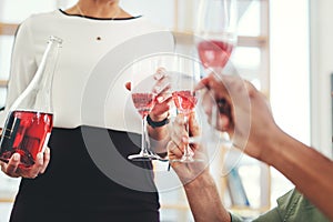 Party, champagne and glass with hands of business people for celebration, festive and toast. Holiday, alcohol and cheers