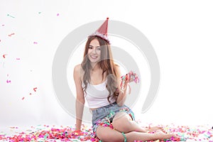 Party christmas and happy new year time. Cheerful attractive young asian woman happy excited and smiling. Celebration holiday