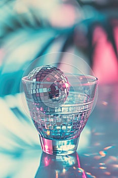 Party cocktail with disco ball on bright blue and pink neon background with tropical palm leaves