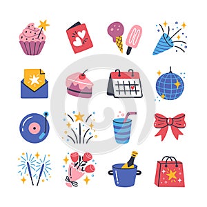 Party Colorful Icon Set. Cute Hand Drawn Icons.