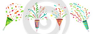 Party confetti popper. Exploding birthday celebration confetti poppers and flying congratulations ribbons cartoon vector