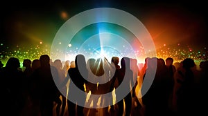 Party crowd silhouette on a disco lights background. AI Generative