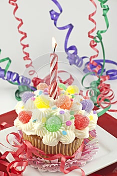 Party Cupcake With Lit Candle