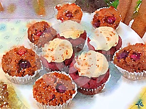 Party cupcakes on plate watercolor still life illustration