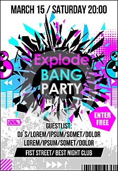 Party dance music poster, banner or flyer with explode & haltone elements