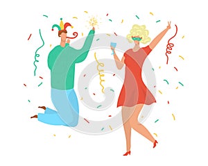 Party dance people, birthday celebration, young man and woman in clown hat and wig dancing disco music vector