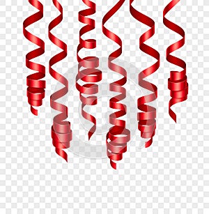 Party decorations red streamers or curling party ribbons. Vector illustration