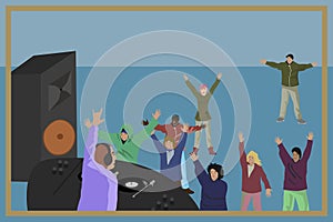 Party DJ with dancing crowd retro illustration