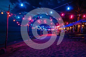 party and drink at the summer beach night. blue and red colors. neon and flashlights