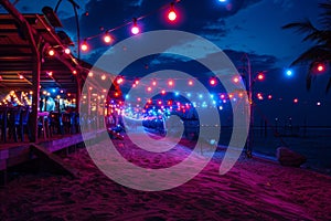 party and drink at the summer beach night. blue and red colors. neon and flashlights