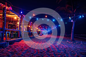 party and drink at the summer beach night. blue and red colors. neon and flashlights