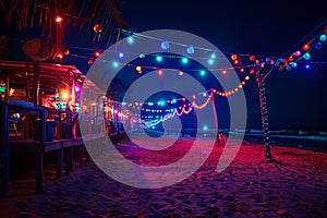 party and drink at the summer beach night. blue and red colors. neon and flashlights