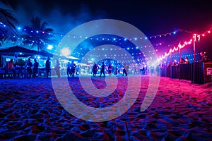 party and drink at the summer beach night. blue and red colors. neon and flashlights