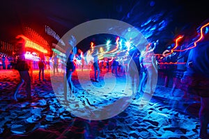 party and drink at the summer beach night. blue and red colors. neon and flashlights