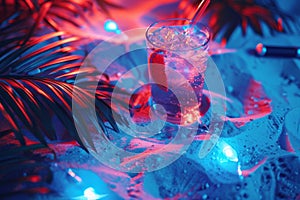 party and drink at the summer beach night. blue and reds colors. neon and flashlights