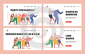 Party for Elderly Landing Page Template Set. Old People Dance Conga Stand in Line with Confetti. Active Grandparents