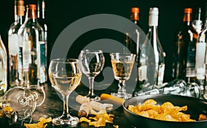 After party - empty bottles, concept of alcoholism, alcohol abuse and addiction