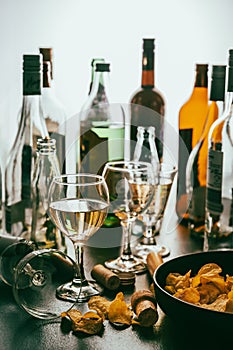 After party - empty bottles, concept of alcoholism, alcohol abuse and addiction