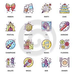 Party entertainment flat icons set.