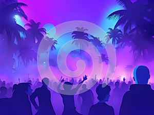 party and event concept with crowd of people and silhouettes of people on the beach. colorful neon illustration