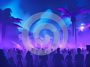 party and event concept with crowd of people and silhouettes of people on the beach. colorful neon illustration