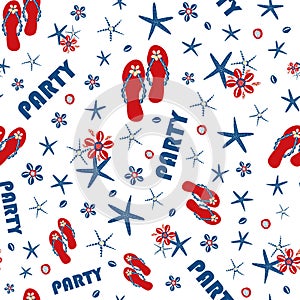 Party flip flop shoe seamless vector pattern background. Red, blue, white backdrop with text, sandals, starfish, cowrie