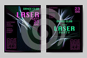 Party flyer for dance club, laser show on background with smoke . Advertising the invitation for music, concert or performance.