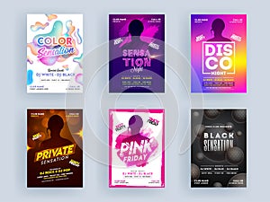 Party Flyer Design of Disco Night, Pink Friday and Sensation Party like as Color, Private