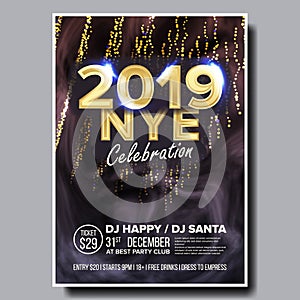 2019 Party Flyer Poster Vector. Happy New Year. Music Night Club Event. Greeting Dance Event. Design Illustration