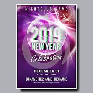 2019 Party Flyer Poster Vector. Happy New Year. Night Club Celebration. Musical Concert Banner. Design Illustration