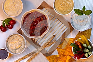 Party food - dips, crudites and bread sticks