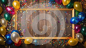 Party frame, Birthday wish background, wooden board with colorful balloons with confetti. generative ai