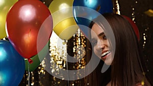 Party Fun. Happy Woman At Celebration With Balloons And Confetti
