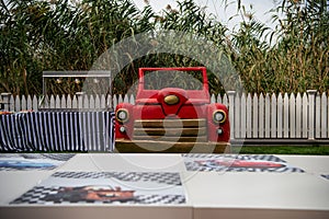 Party in the garden. Balloon Arrangement. Festive table setting.