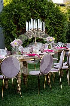 Party in the garden. Balloon Arrangement. Festive table setting. Party with a special theme.