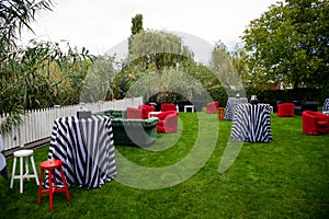 Party in the garden. Balloon Arrangement. Festive table setting. Party with a special theme.